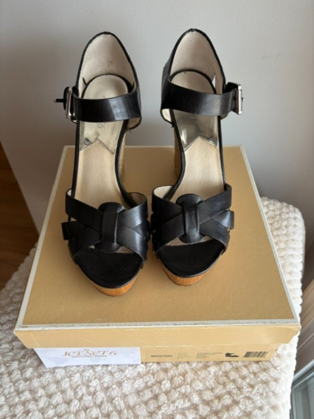 🖤 Michael Kors Somerly Black Leather Espadrille Wedge Sandals 8.5